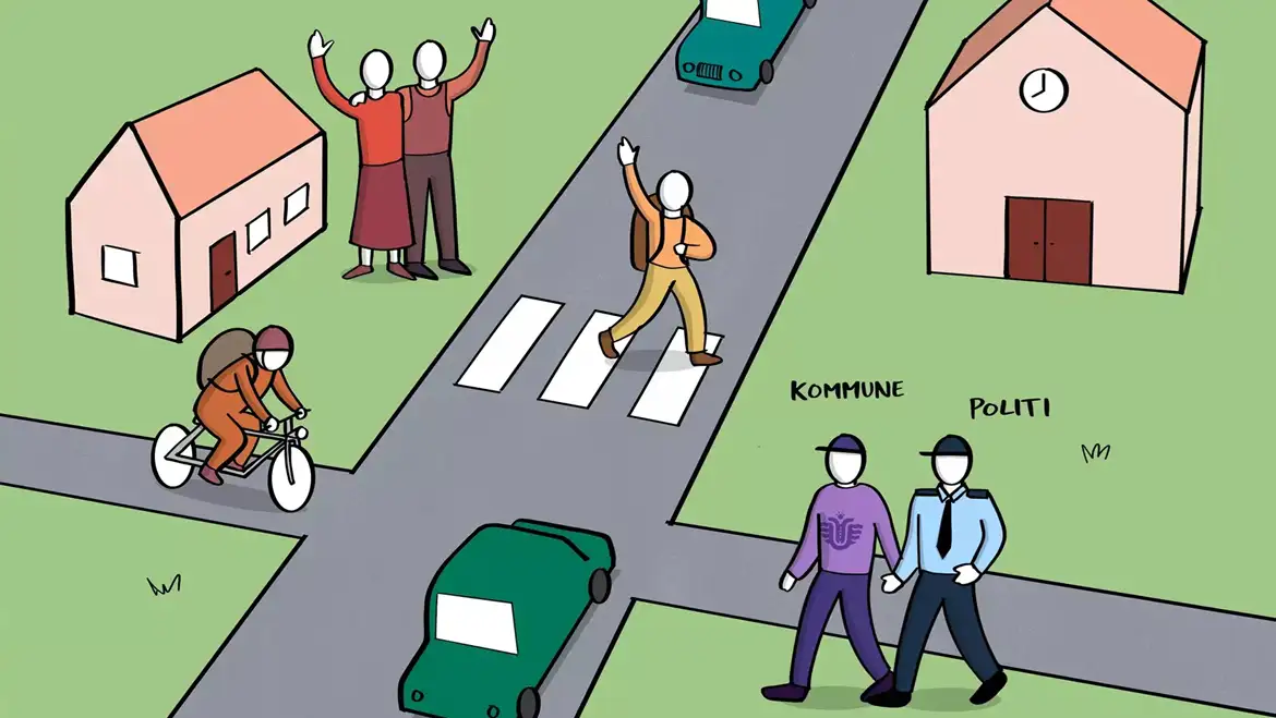 Illustration af Jakob Storm der viser en vejkryds med et barn der går over et fodgængerfælt og biler der kommer kørende
